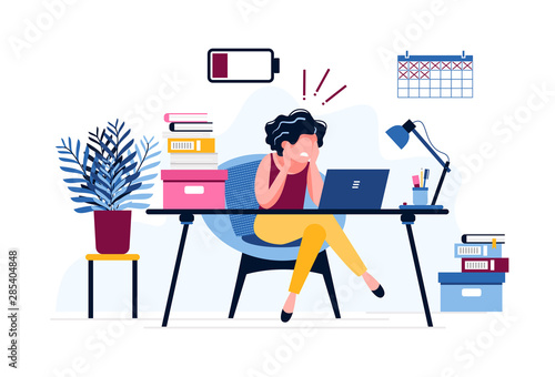 Frustrated female office worker. Exhausted woman tired of the huge amount of work with a discharged battery. Deadline. Stress, depression at work. Vector illustration. Workplace burnout concept.