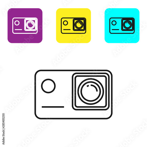 Black line Action extreme camera icon isolated on white background. Video camera equipment for filming extreme sports. Set icons colorful square buttons. Vector Illustration