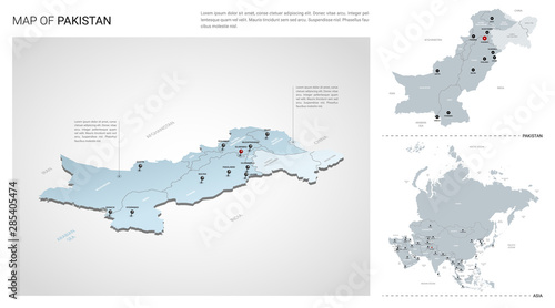 Vector set of Pakistan country.  Isometric 3d map, Pakistan map, Asia map - with region, state names and city names.