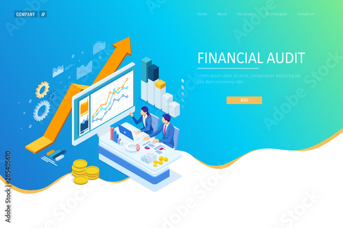Isometric web business concept of financial administration, accounting, analysis, audit, financial report. Auditing tax process. Documents, graphics, charts, planner, calendar, report.