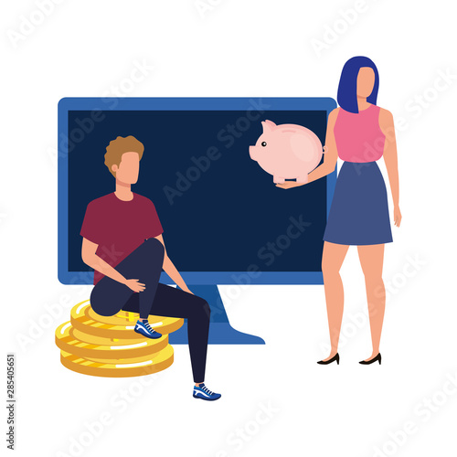 couple with desktop and coins