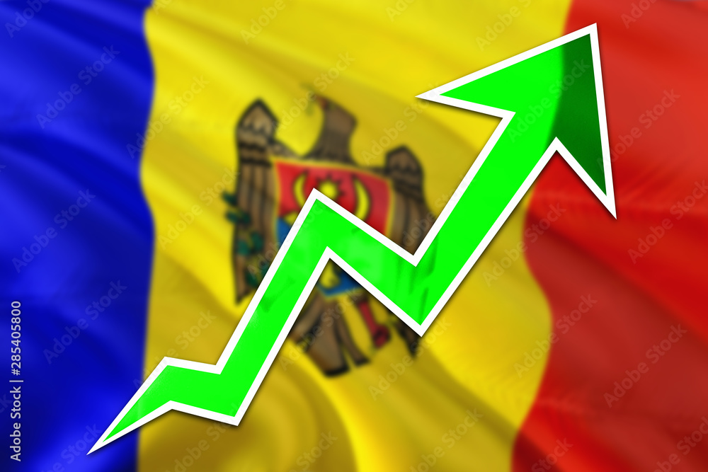 Fototapeta premium Moldova economy graph is indicating positive growth, green arrow going up with trend line. Business concept on national background.