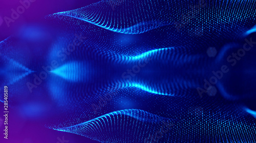 3d rendering background of glowing particles that form curved lines and 3d surfaces, grid with depth of field, bokeh. Microworld or sci-fi theme. Blue strings