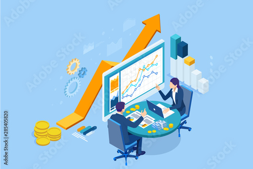 Isometric web business concept of financial administration, accounting, analysis, audit, financial report. Auditing tax process. Documents, graphics, charts, planner, calendar, report.
