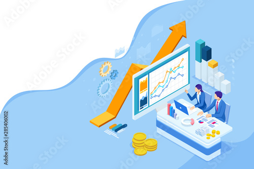 Isometric web business concept of financial administration, accounting, analysis, audit, financial report. Auditing tax process. Documents, graphics, charts, planner, calendar, report.