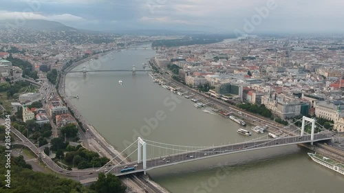 Drone hovering over Danube and bridges in Budapest on a clear day