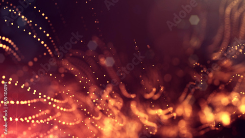 3d rendering of glow particles that fly in air as science fiction of microcosm or macro world or sci-fi. Abstract composition with depth of field and glow in dark with bokeh effects. Golden red © Green Wind