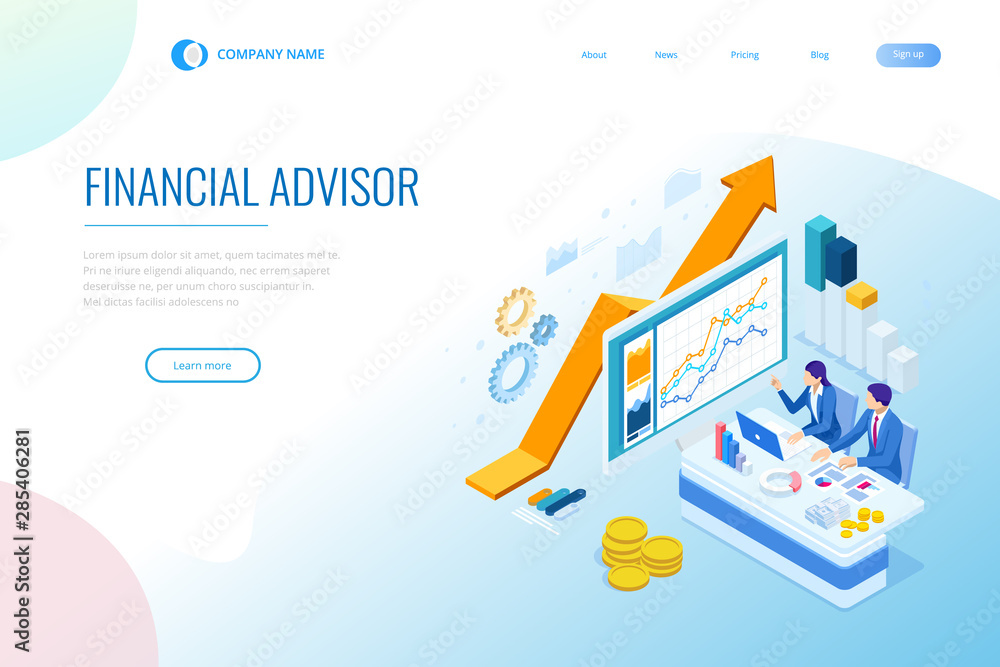 Isometric web business concept of financial administration, accounting, analysis, audit, financial report. Auditing tax process. Documents, graphics, charts, planner, calendar, report.