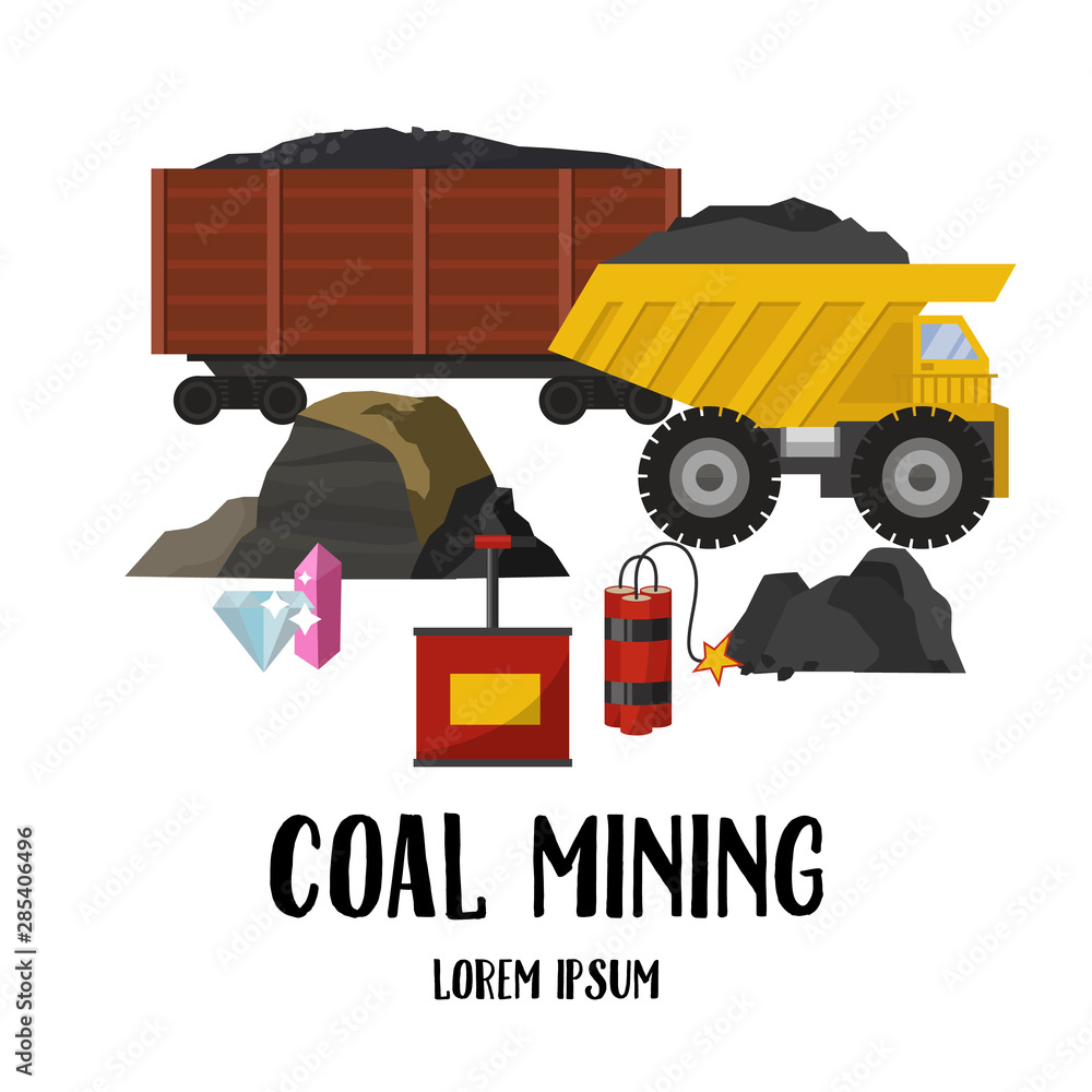 Coal Mining Industry And Transportation Vector Illustration Set. Trucks 