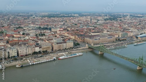 Drone panning over Budapest and Danube panorama