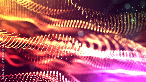 3d rendering of glow particles that fly in air as science fiction of microcosm or macro world or sci-fi. Abstract composition with depth of field and glow in dark with bokeh effects. Multicolores photo