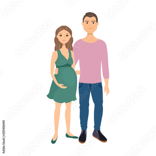 Pregnant woman and man isolated on white background. Vector illustration of Young happy couple in cartoon simple flat style. Husband and wife expect a baby.