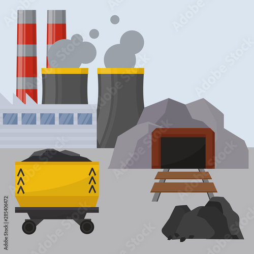 Coal mining,industrial facilities with spoil tip and with rail car vector illustration. Coal mining production industry, poster background.