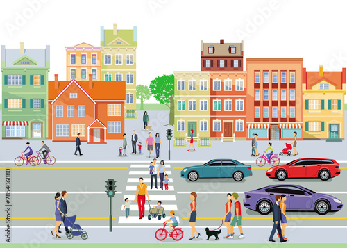 Stadt mit Familien und Fußgänger