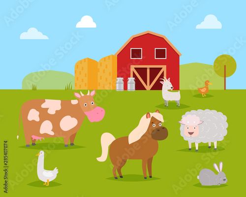 Farm animals such as cow, horse, sheep with rabbit and duck, horse with red barn vector illustration. Cartoon farm animals on rural landscape with grass and clouds in sky.