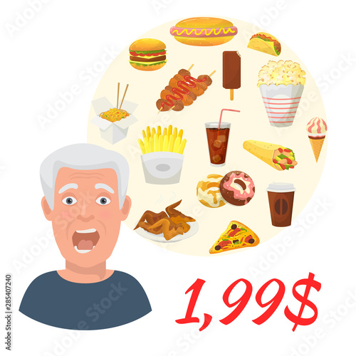 Fast food sale special offer vector illustration. Junk food poster with red sale price. Soda, hot dog, pizza, burger and french fries, donuts with chicken fast food sale discount.