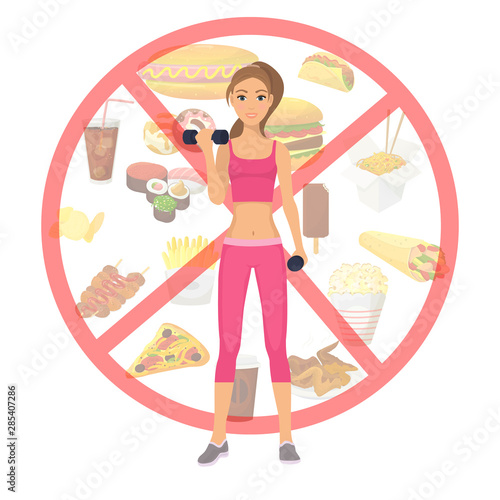 Sport girl and fast food unhealthy lifestyle restriction vector illustration. Healthy girls fit body standing on restriction sign of fast food icons. Sport vs burgers.