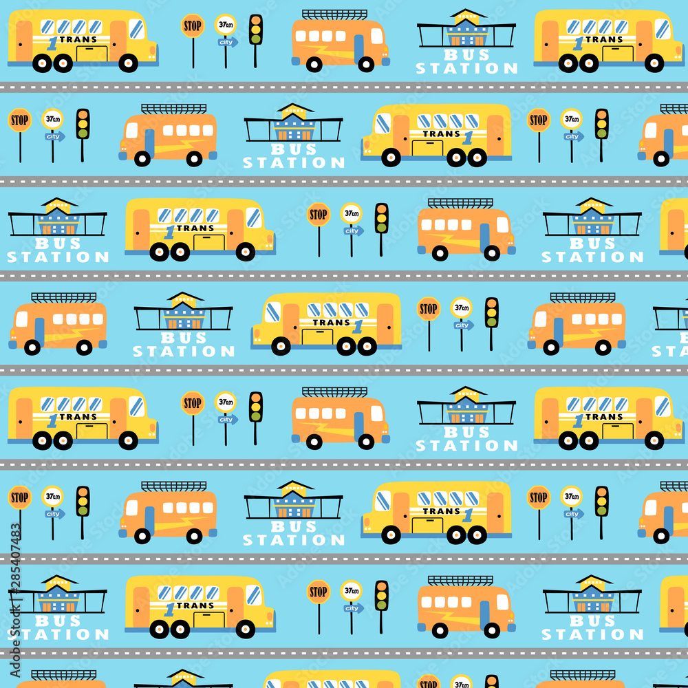 Fototapeta premium vector cartoon pattern with buses, bus station