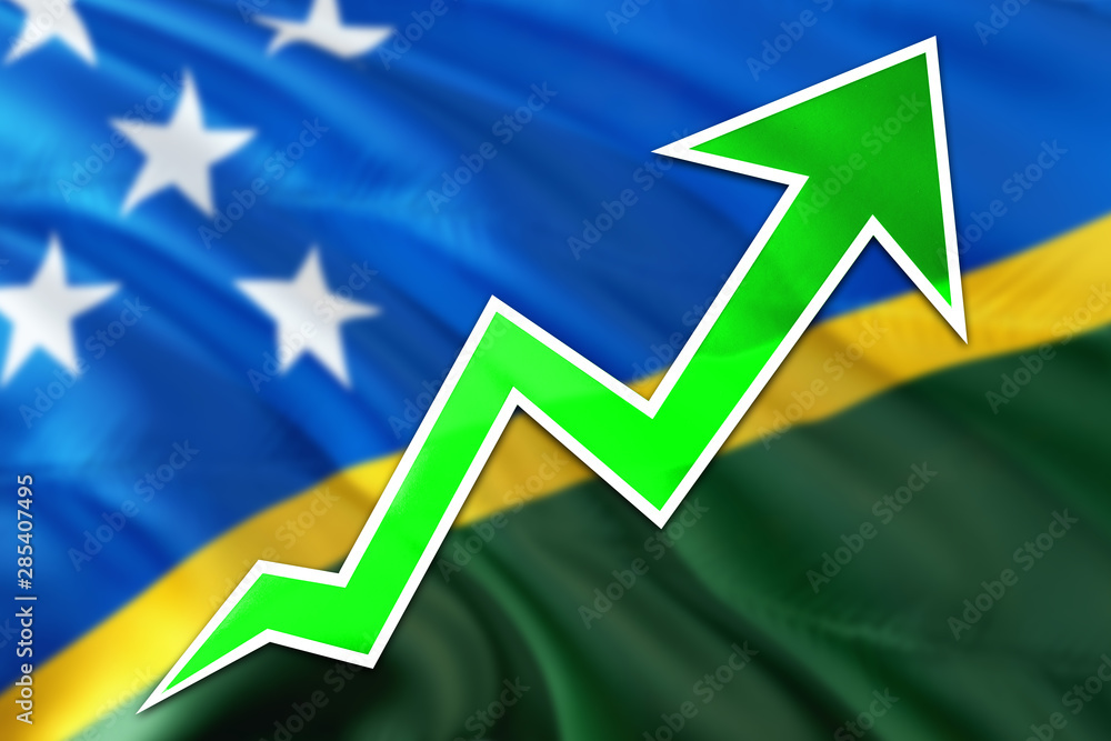 Fototapeta premium Solomon Islands economy graph is indicating positive growth, green arrow going up with trend line. Business concept on national background.