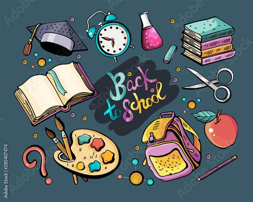 Great vector set back to school. Colorful vector hand drawn Doodle cartoon set of themed elements, objects and symbols. Collection with a large number of objects.