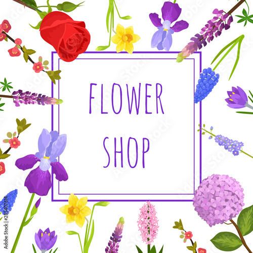 Summer floral greeting card or flower shop banner with blooming garden flower...