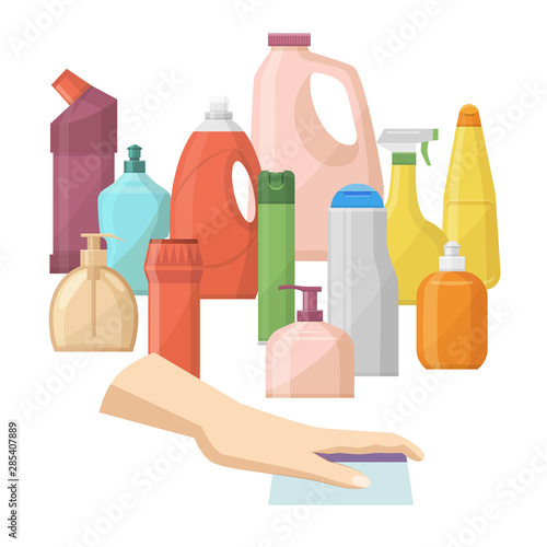 Bottles of household chemicals supplies and cleaning housework vector illustration. Plastic detergent liquid, domestic fluid cleaner pack of household chemicals.