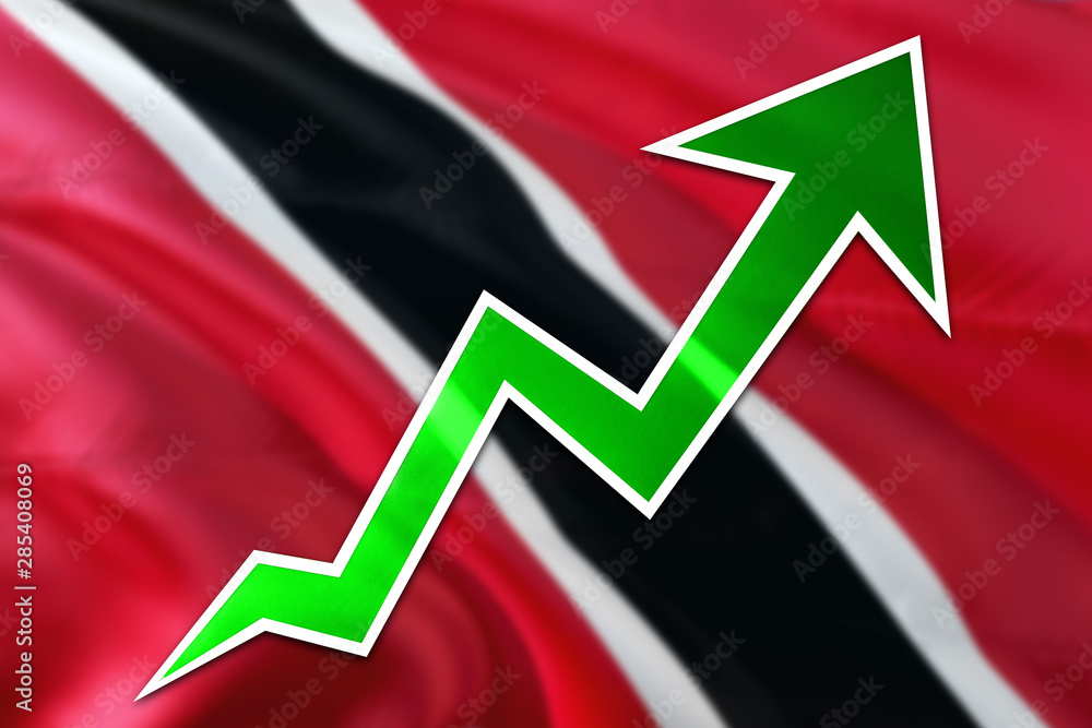 Trinidad And Tobago economy graph is indicating positive growth, green arrow going up with trend line. Business concept on national background. Trinidad And Tobago economy graph is indicating positive growth, green arrow going up with trend line. Business concept on national background.