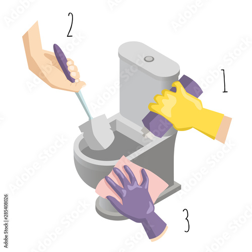 Toilet cleaning service concept vector illustration. Bathroom interior with toilet bowl and cleaning equipment, hand in glove with detergent, brush and rag.
