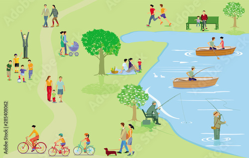 Stadtpark mit Personen und Familien in der Freizeit