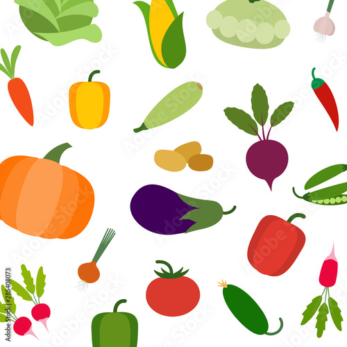 Vegetarian vector pattern with carrot, tomato, radish and eggplant, corn, squ...