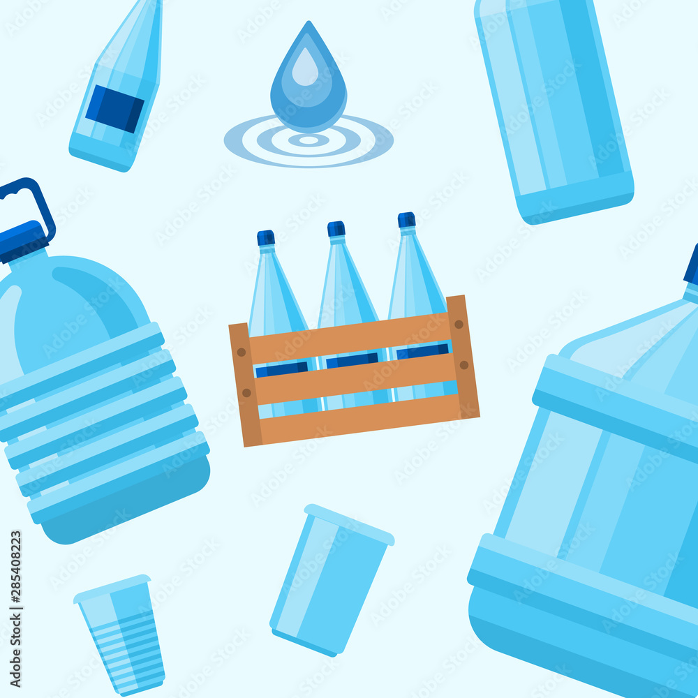 Plastic blue bottles of drink water and cups vector pattern. Perfect for drink water delivery packaging design. Isolated on white background. Plastic blue bottles of drink water and cups vector pattern. Perfect for drink water delivery packaging design. Isolated on white background.
