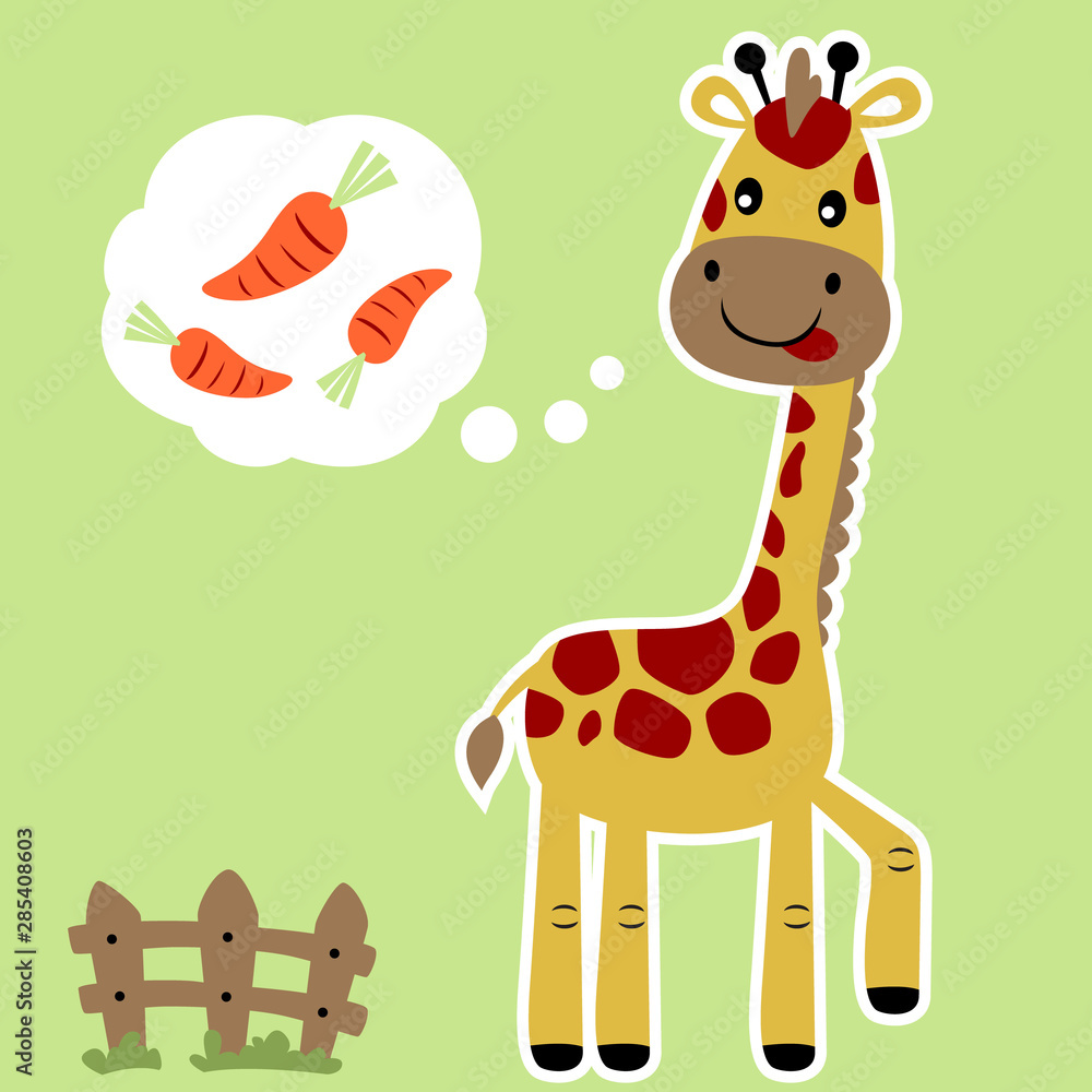 Naklejka premium giraffe dreaming carrot, vector cartoon illustration