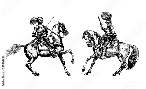 Mounted knights illustration. Mounted cuirassier from thirty years war. Historical drawing. photo