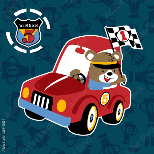 vector cartoon of funny car racer on trophy background pattern