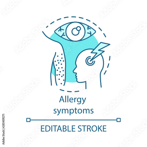 Allergy symptoms concept icon. Organism reactions to allergens idea thin line illustration. Skin rash, hives, allergic conjunctivitis, migraine. Vector isolated outline drawing. Editable stroke