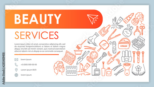 Beauty services web banner, business card vector template. Female fashion parlor contact page with phone, email linear icons. Cosmetology presentation, web page idea. Corporate print design layout