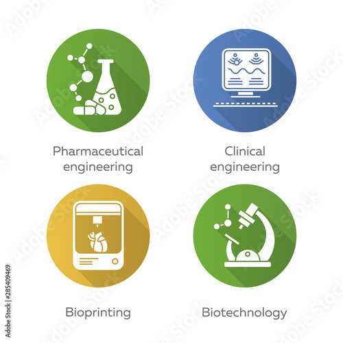 Bioengineering flat design long shadow glyph icons set. Medical technologies for research treatment. Pharmaceutical and clinical engineering, bioprinting, biotechnology. Vector silhouette illustration