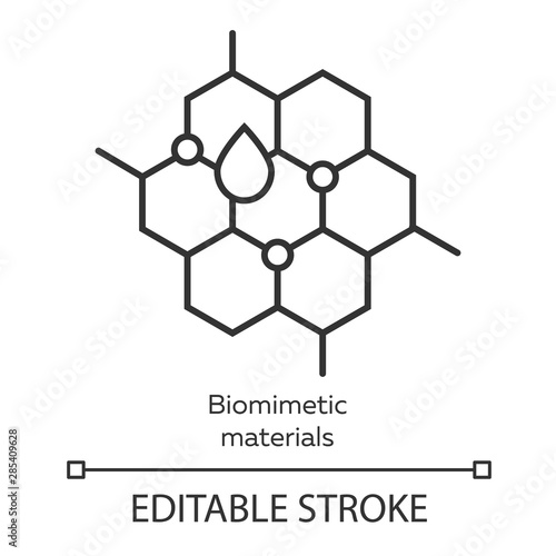 Biomimetic materials linear icon. Copying natural formation by human. Honeycomb, water drop. Bioengineering. Thin line illustration. Contour symbol. Vector isolated outline drawing. Editable stroke