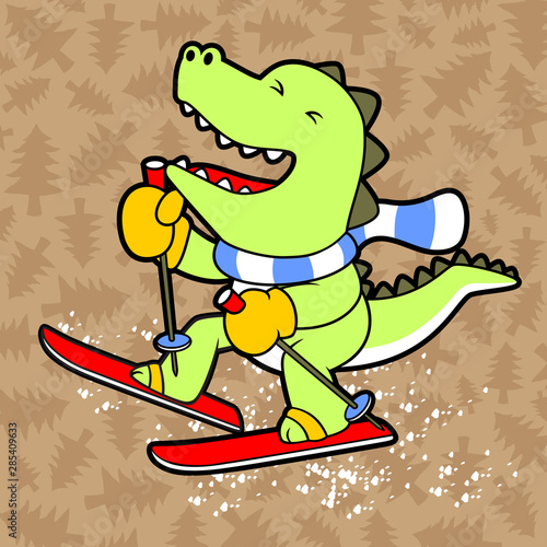 dino play ski on tree background pattern, vector cartoon illustration