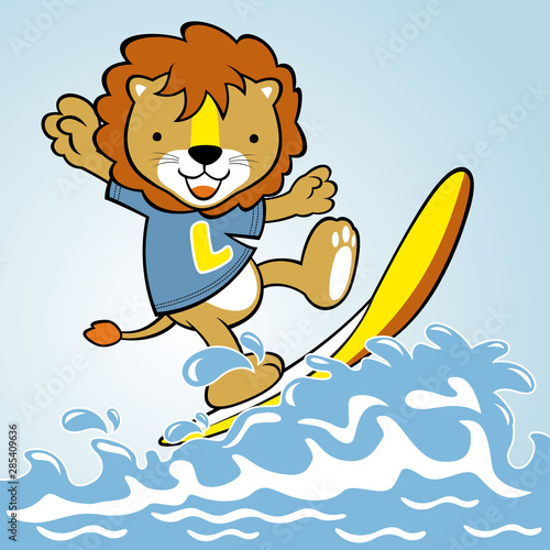 lion the surfer, vector cartoon illustration