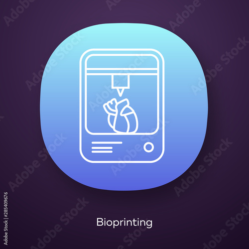 Bioprinting app icon. Artificial heart 3d printing. Living organs producing. Medical technologies. Bioengineering. UI/UX user interface. Web or mobile application. Vector isolated illustration