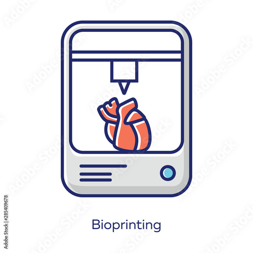 Bioprinting white color icon. Artificial heart 3d printing. Living organs producing. Biomedical parts fabricate. Medical technologies. Bioengineering. Isolated vector illustration