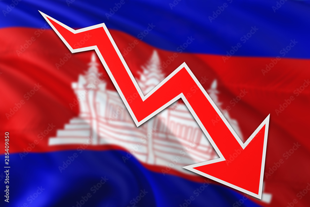 Fototapeta premium Cambodia economy graph is indicating negative growth, red arrow going down with trend line. Business concept on national background.