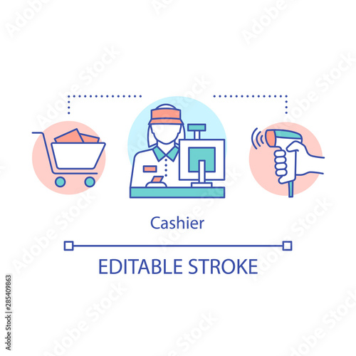 Cashier concept icon. Retail store staff idea thin line illustration. Checkout operator. Sales clerk at store. Saleswoman behind the cash register. Vector isolated outline drawing. Editable stroke
