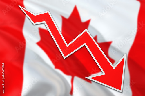 Canada economy graph is indicating negative growth, red arrow going down with trend line. Business concept on national background.