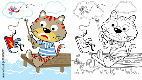 funny cat fishing time, vector cartoon, coloring page or book photo