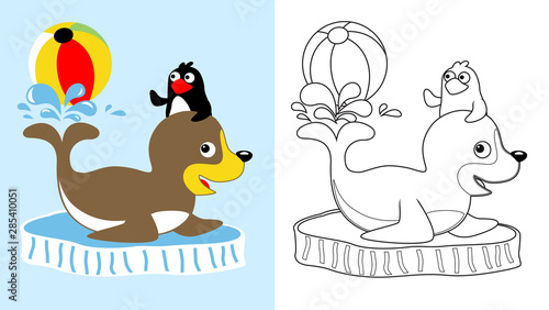 seal and penguin on circus show  vector cartoon  coloring page or book