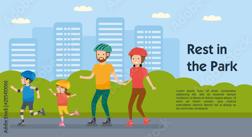 Family leisure. Walk in amusement park, roller skating. Vector illustration in a cartoon style
