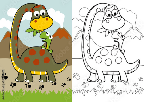 vector cartoon of dino feed its son, coloring page or book