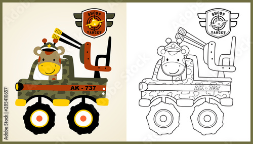 vector cartoon of animal soldier on military truck, coloring page or book